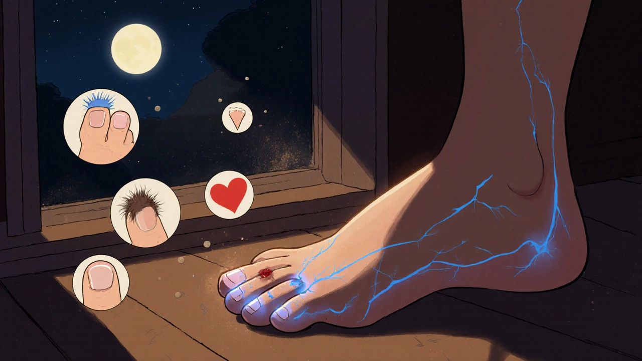 A man&#039;s foot with symbols of PAD symptoms like cold toes, thin hair, and a slow-healing wound in a moonlit room.