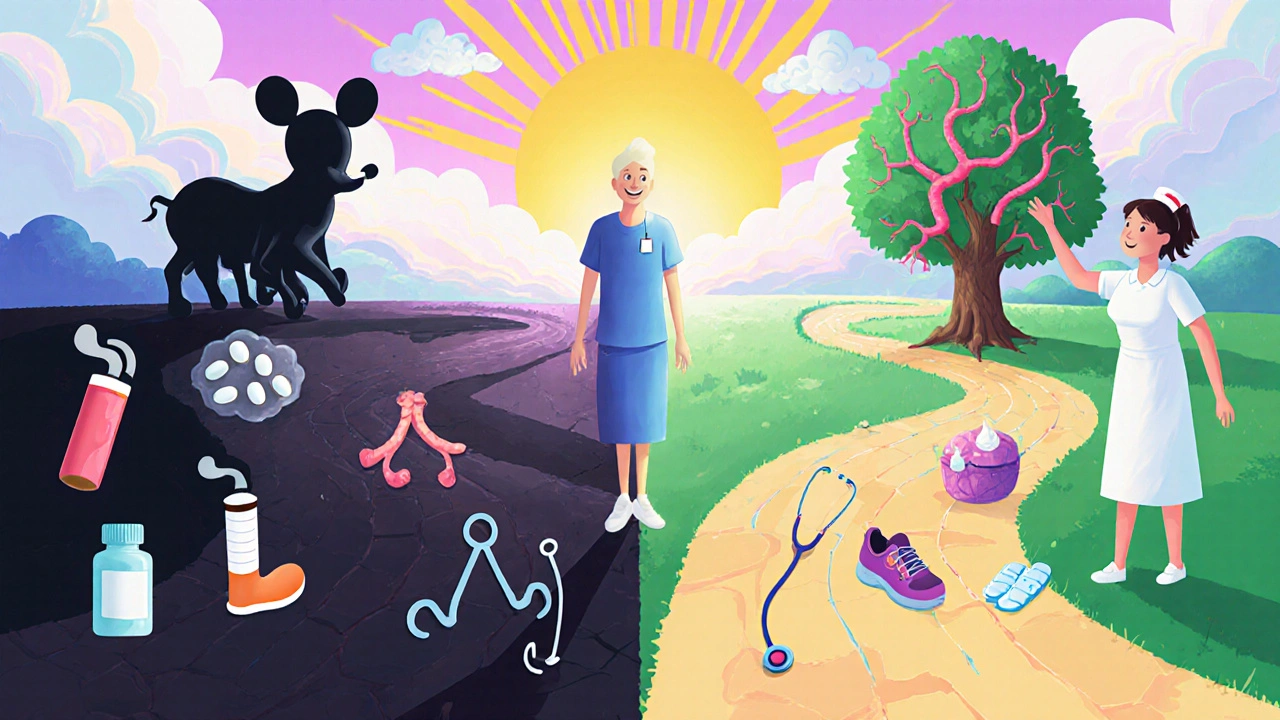 A patient choosing between a dangerous path and a healthy path with medical symbols and a growing tree of blood vessels.