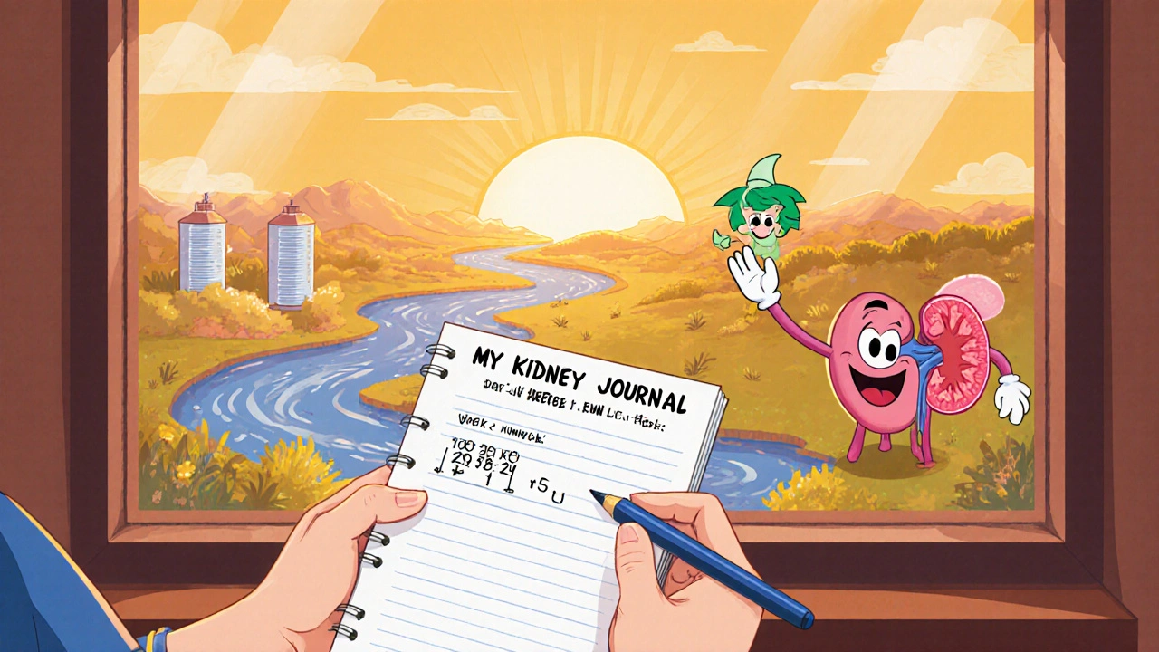 A patient keeping a kidney journal as a creatine sprite departs, with a healthy kidney landscape visible outside.