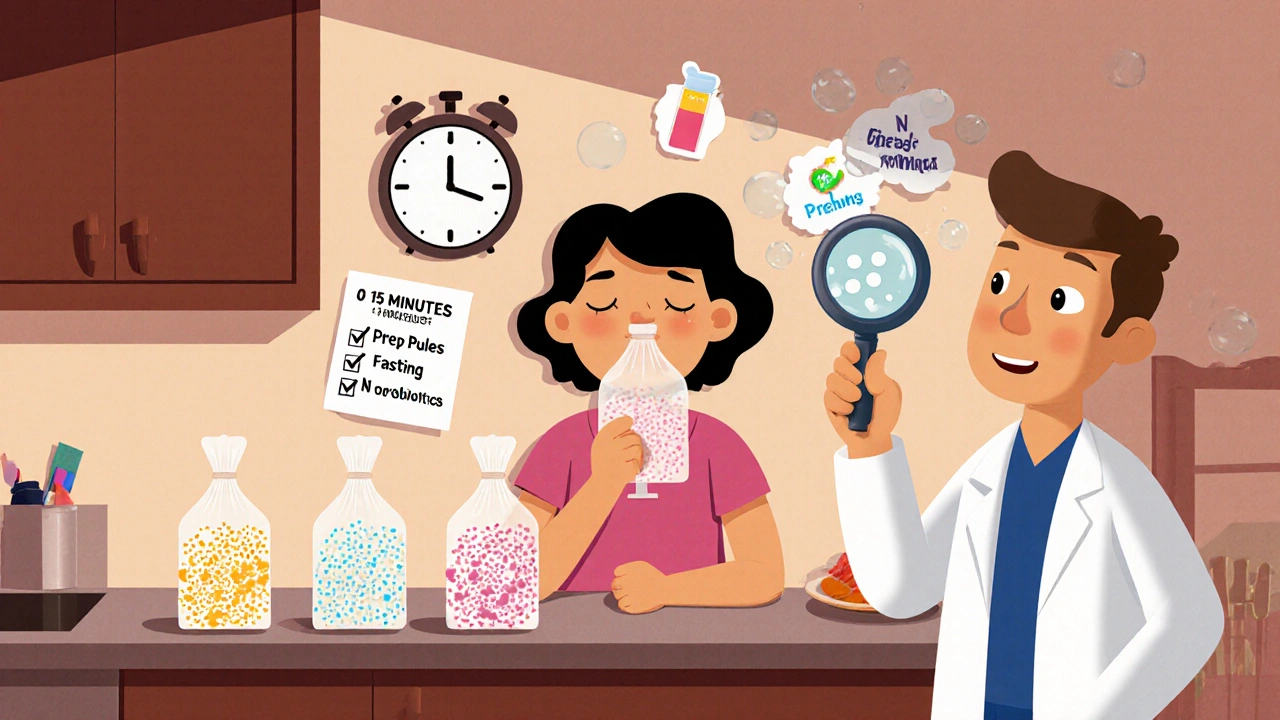 A person blowing into breath bags at home with prep rules floating nearby, a microbiologist watching with a magnifying glass.