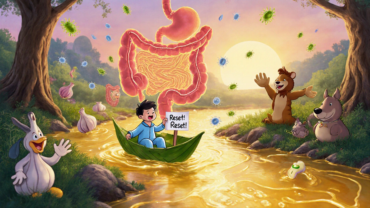 A person riding a leaf boat through a golden elemental diet river, bacteria fleeing, herbal remedies waving from the banks.