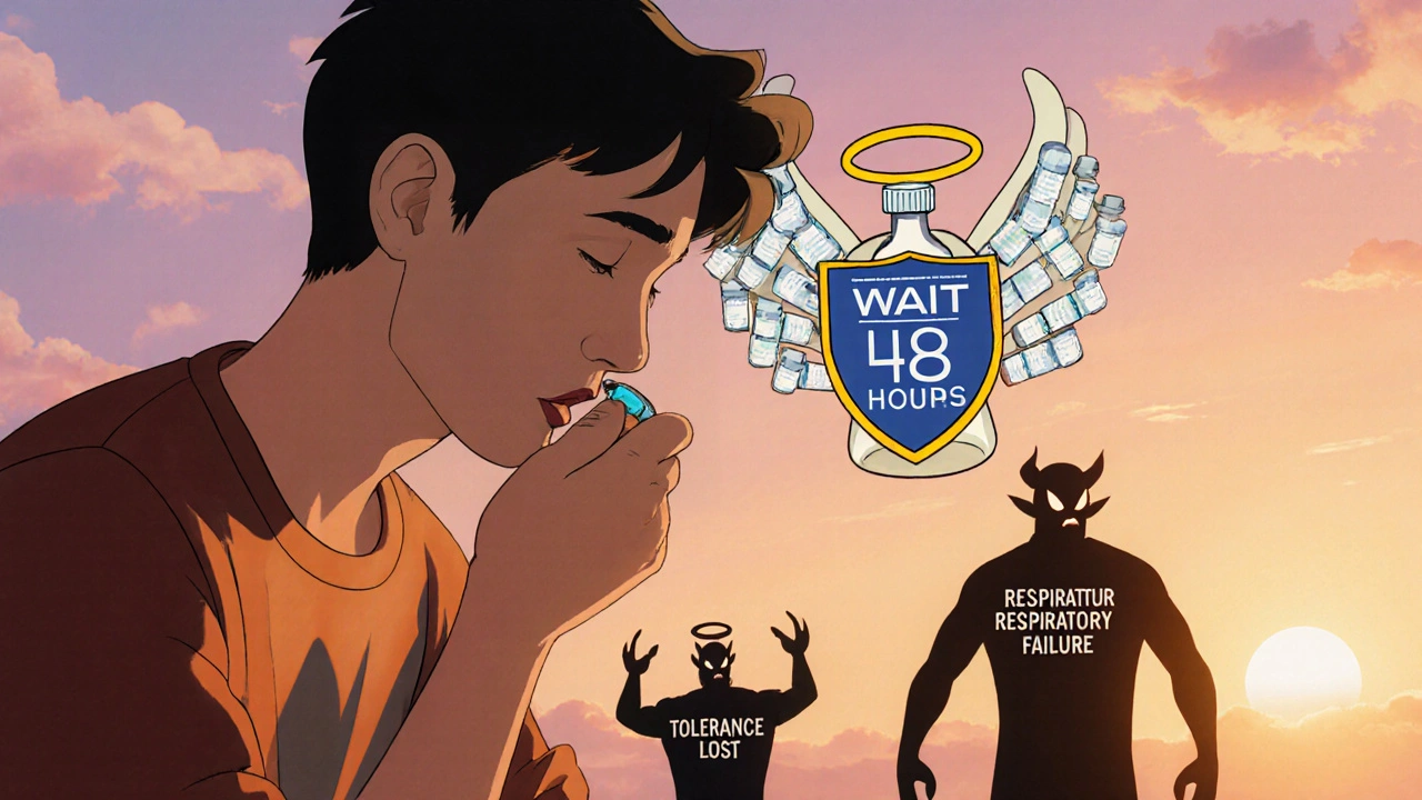 A person taking a small pill while a naloxone-winged guardian protects them from danger.