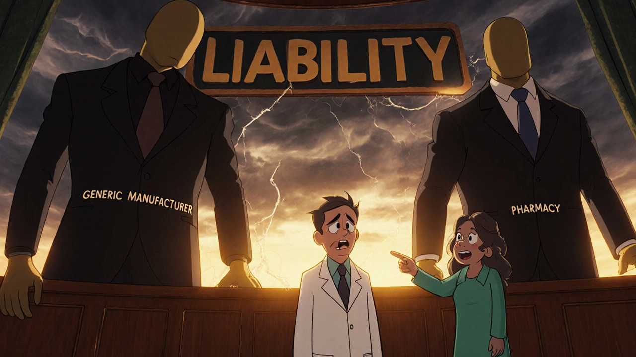 A physician isolated in court, facing faceless corporations and an accusing patient under a cracking &#039;LIABILITY&#039; sign.