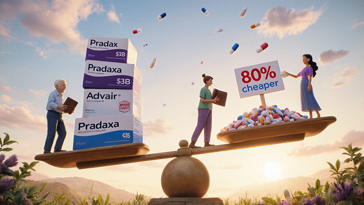 A scale tipping under the weight of cheap generic pills versus expensive brand-name drugs, with happy patients.