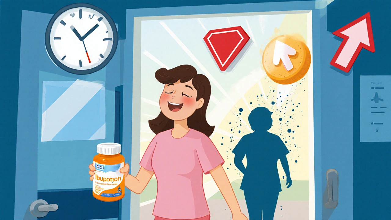 A woman stepping out of a hospital holding acetaminophen, as a crumbling pill fades behind her in cartoon style.