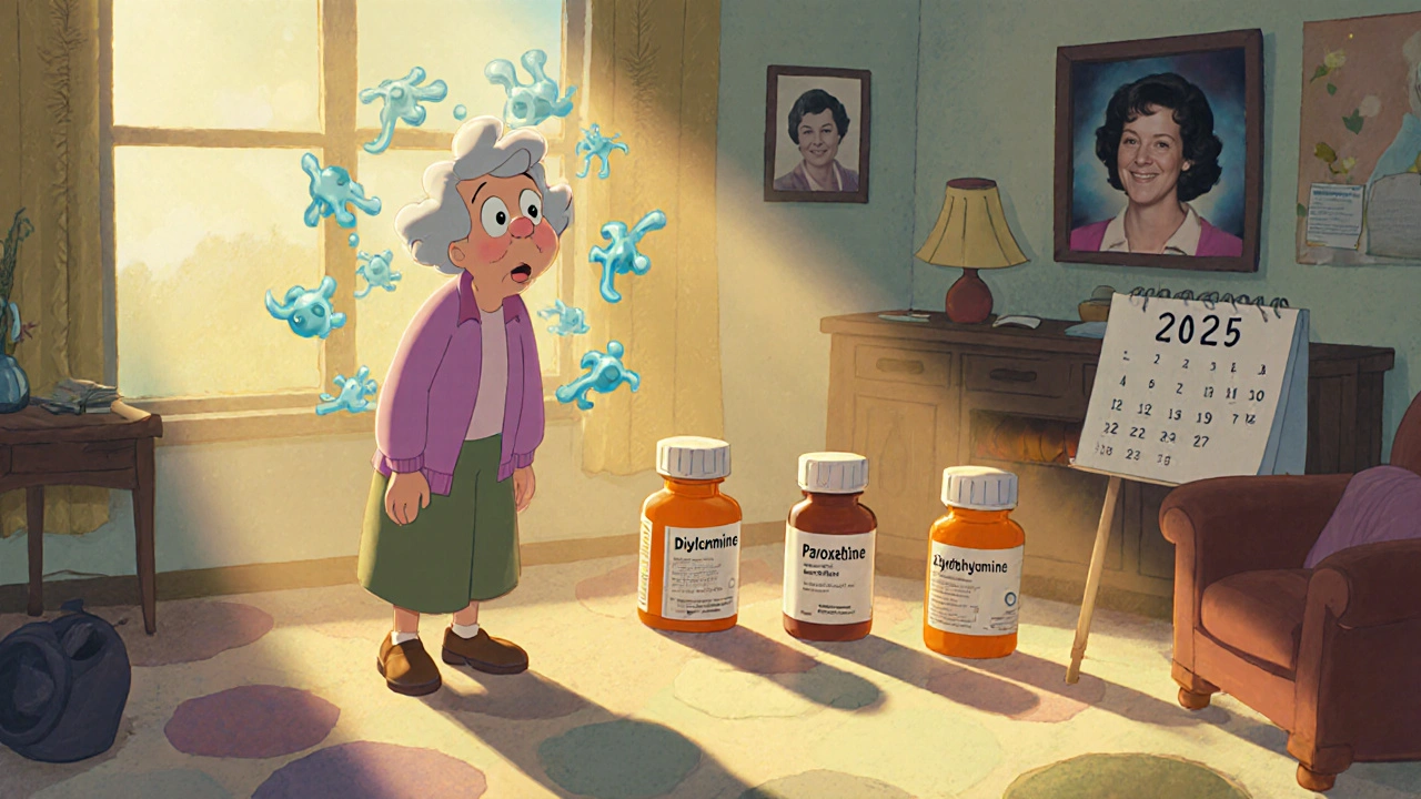 An elderly woman confused as anticholinergic drugs affect her brain, with pills casting dark shadows.