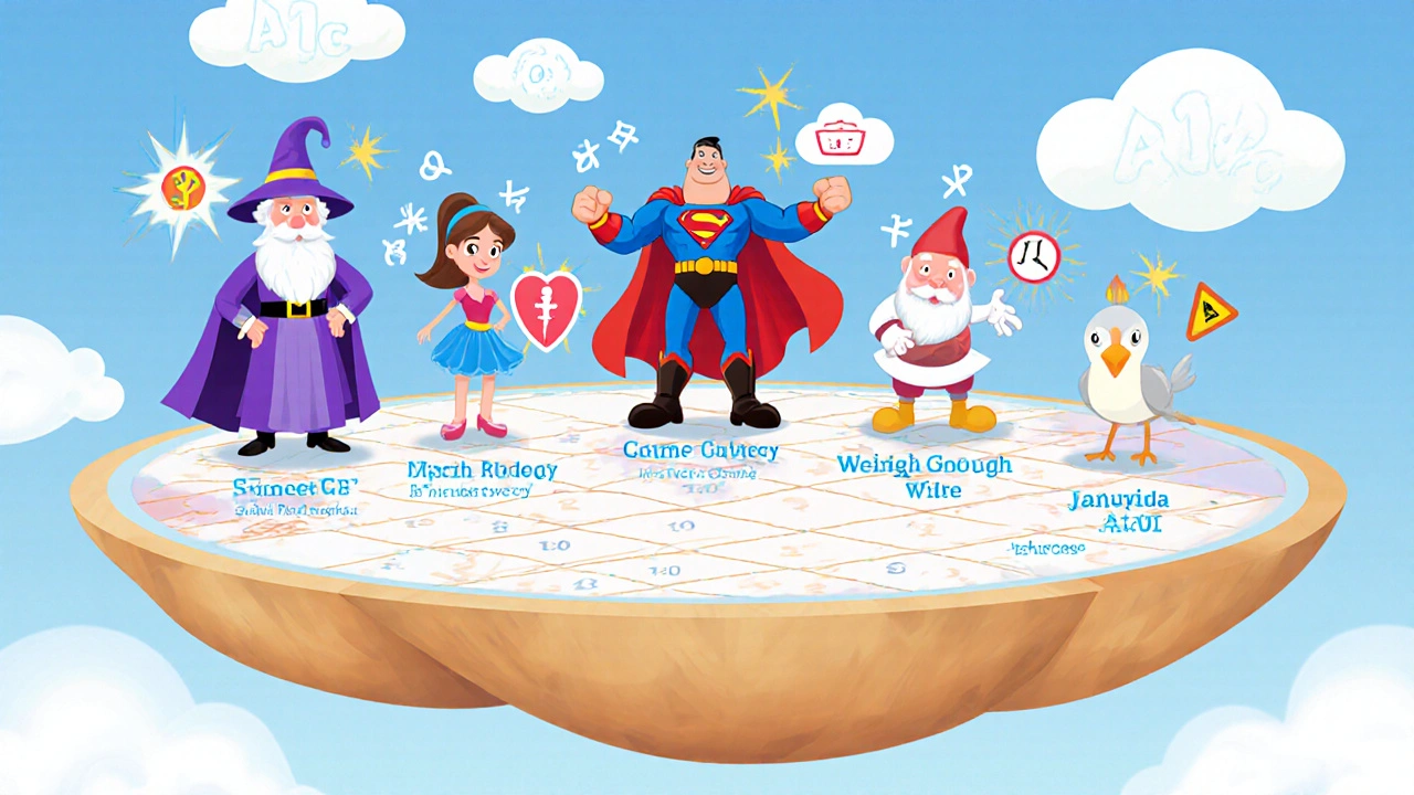 Cartoon medication characters on a floating chart, each with unique visual effects representing their effects.