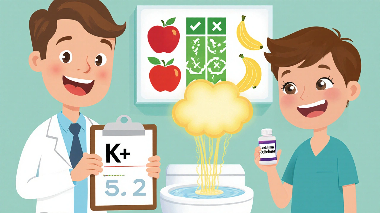 Doctor and patient with blood test and potassium binder bottle, glowing potassium draining away, food chart on wall.
