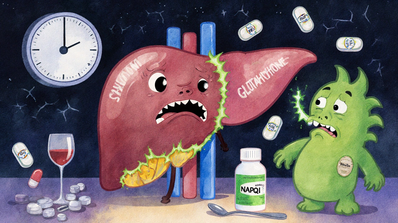 Friendly liver being attacked by toxic green NAPQI while glutathione tries to protect it.