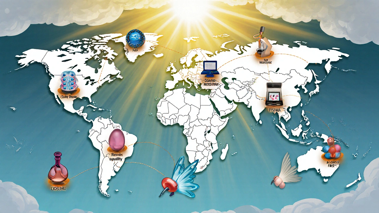 Global map with regulators and testing tools, generic pill struggling to fly amid cost and failure chains.