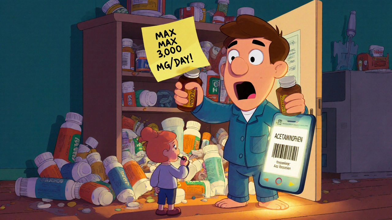 Man shocked by acetaminophen overdose warning as duplicate pills fall from cabinet.