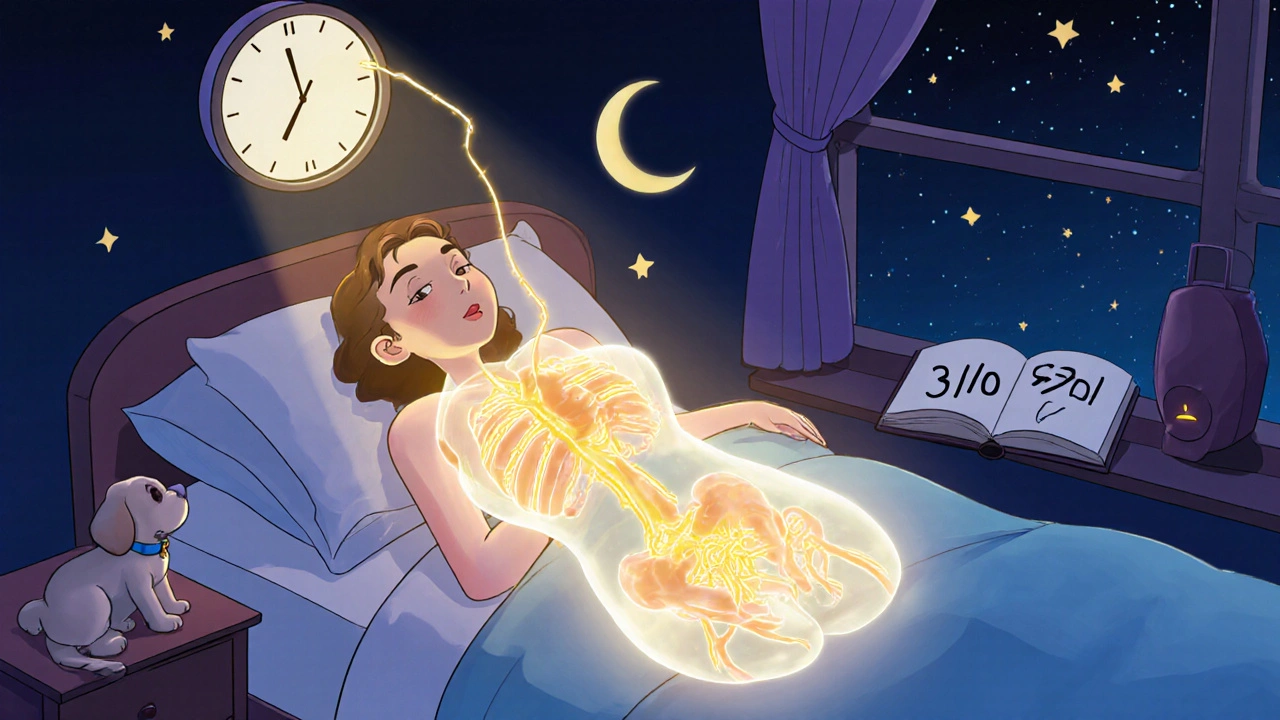 Patient sleeping peacefully as a glowing nerve block calms abdominal pain, stars shining outside.