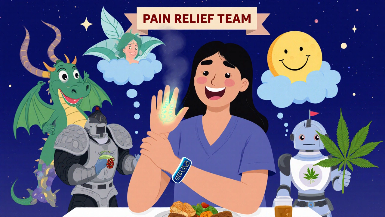 Patient surrounded by friendly spirits representing mindfulness, aromatherapy, and CBD, with medical therapies as loyal knights.