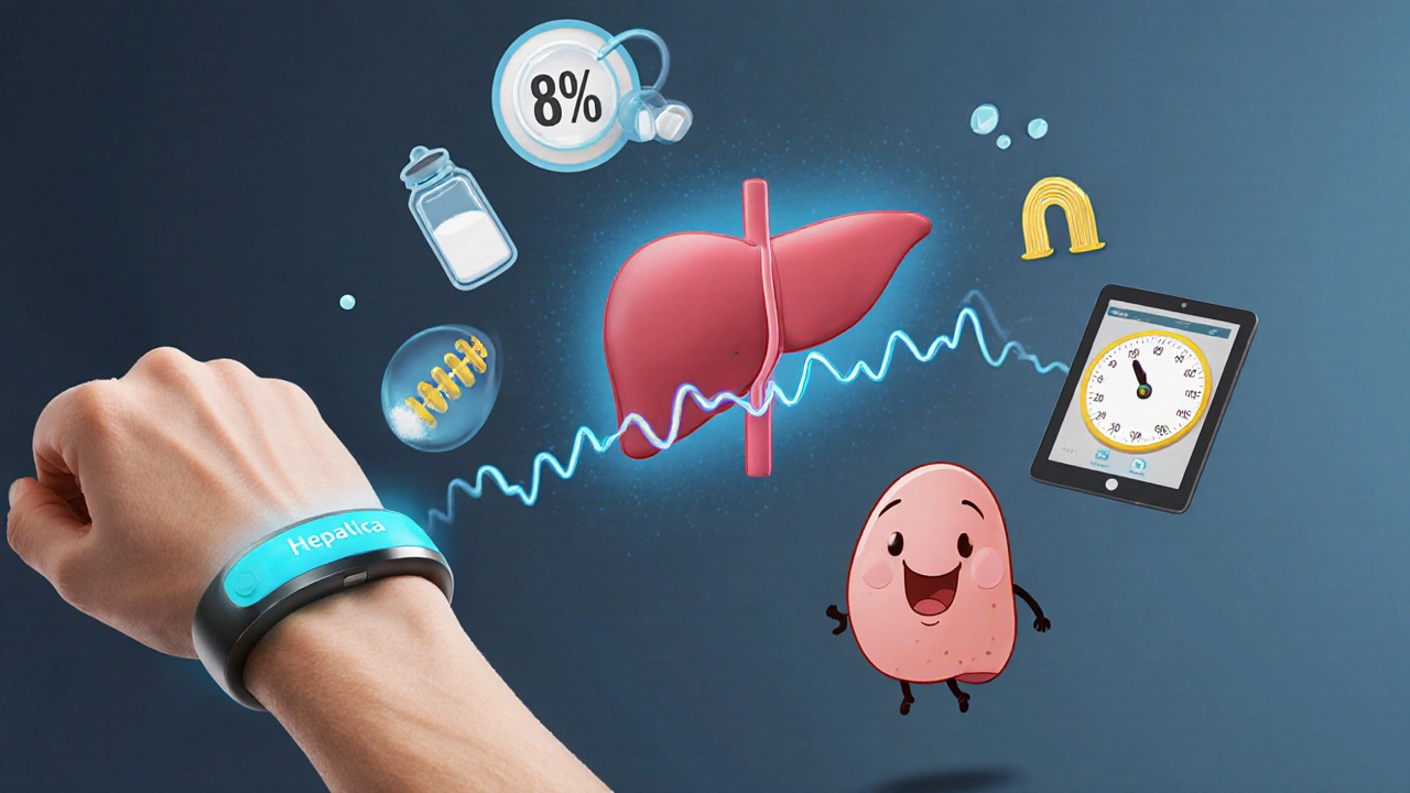 Patient wearing a smart band that monitors liver pressure, with a healing liver and TIPS stent nearby.