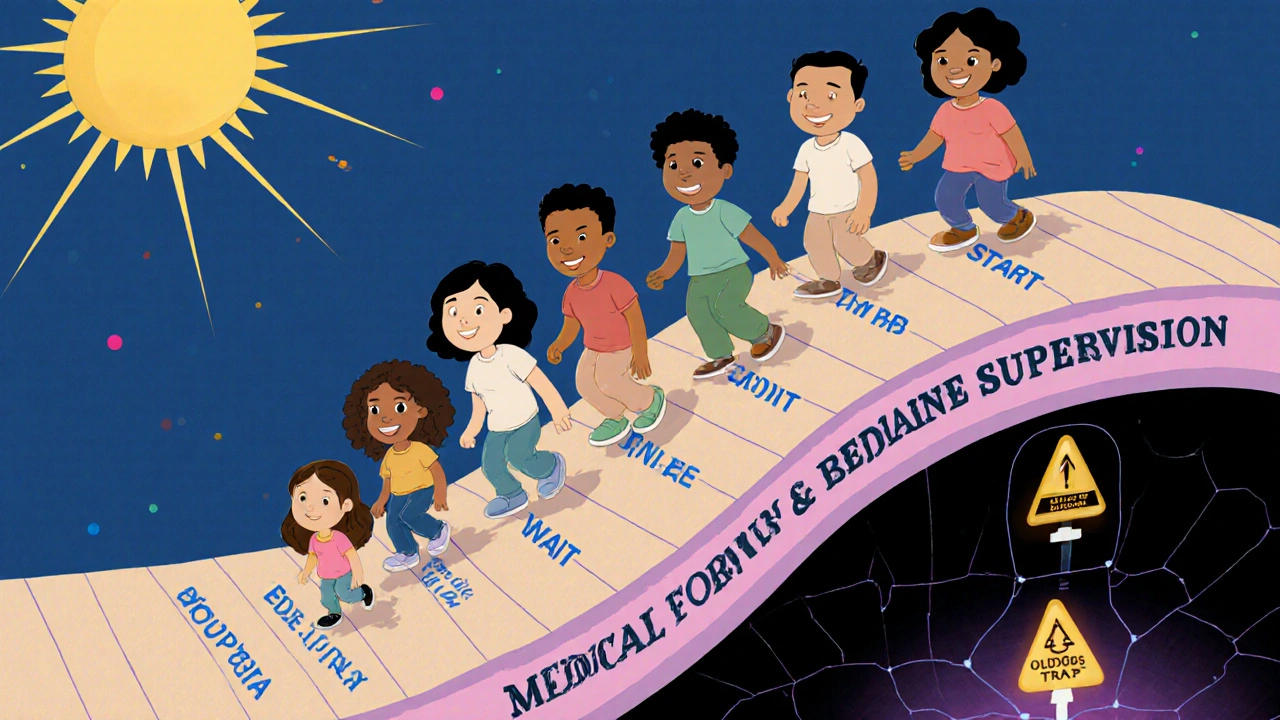 People climbing a staircase labeled with safe restart steps under a shining sun.