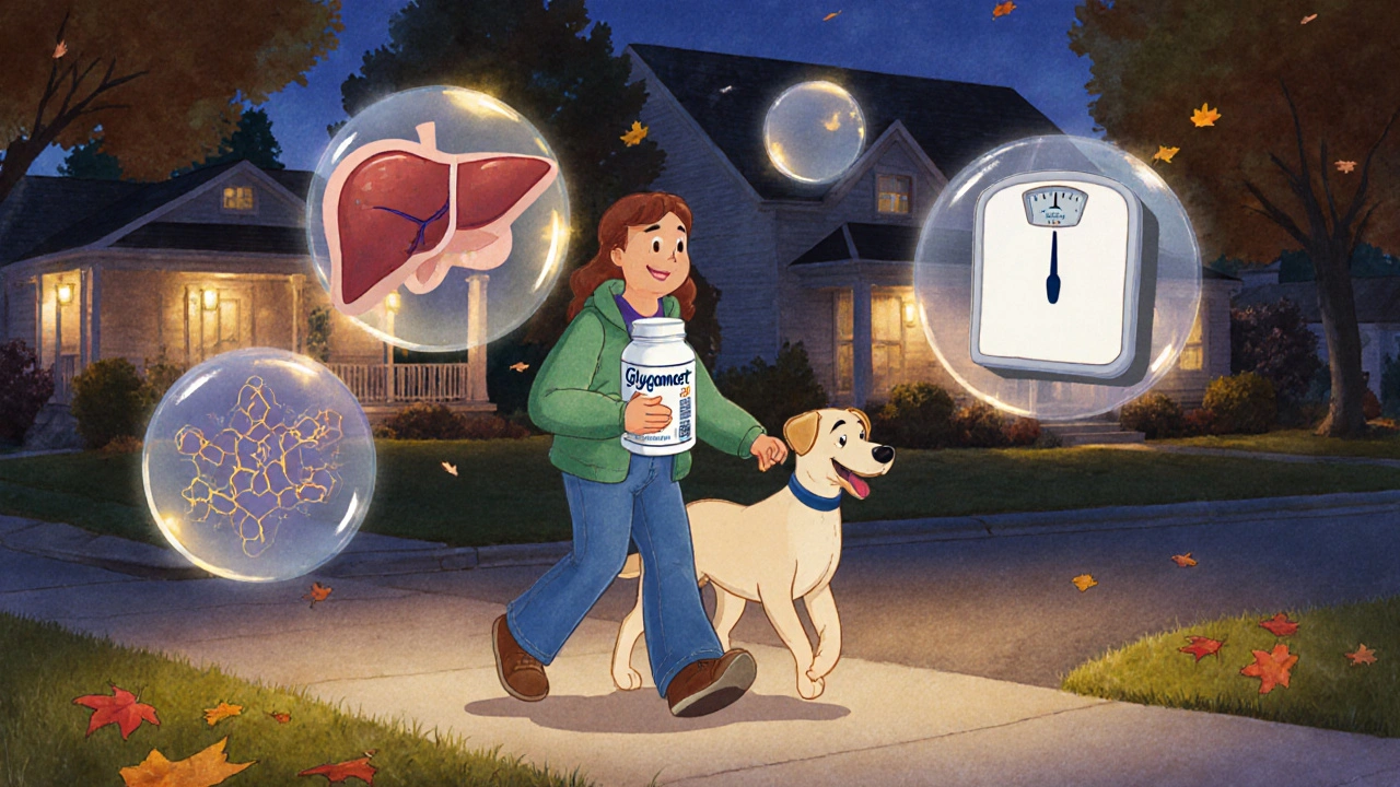 Person walking at dusk with pill bottle, glowing liver and insulin icons floating in warm evening light.