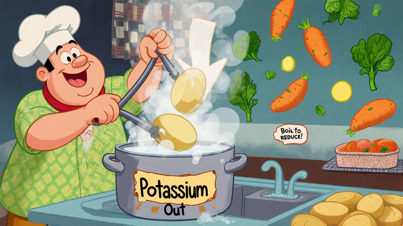 Potatoes boiling in a pot with steam forming a downward arrow, chef draining water, vegetables floating away.