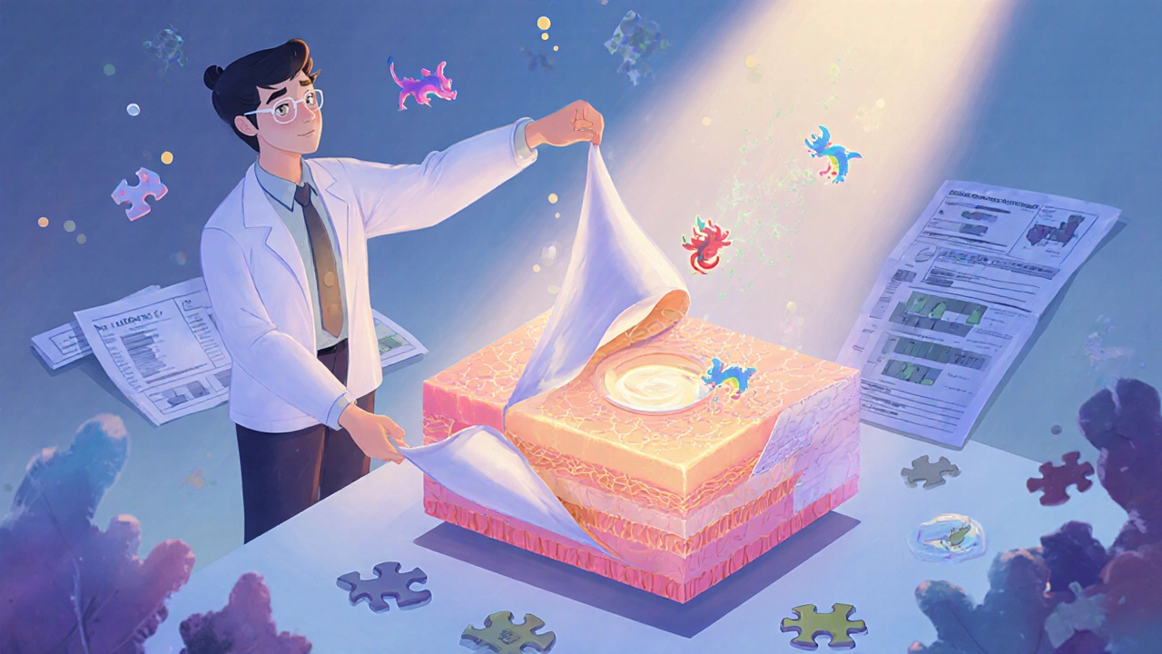 Scientist revealing how cream ingredients penetrate skin layers, with failed version stuck on surface.