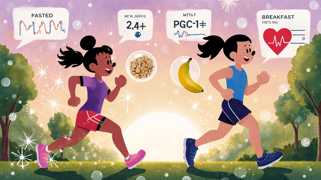 Two athletes training differently—one fasted, one fed—with floating health data, in whimsical Disney illustration style.