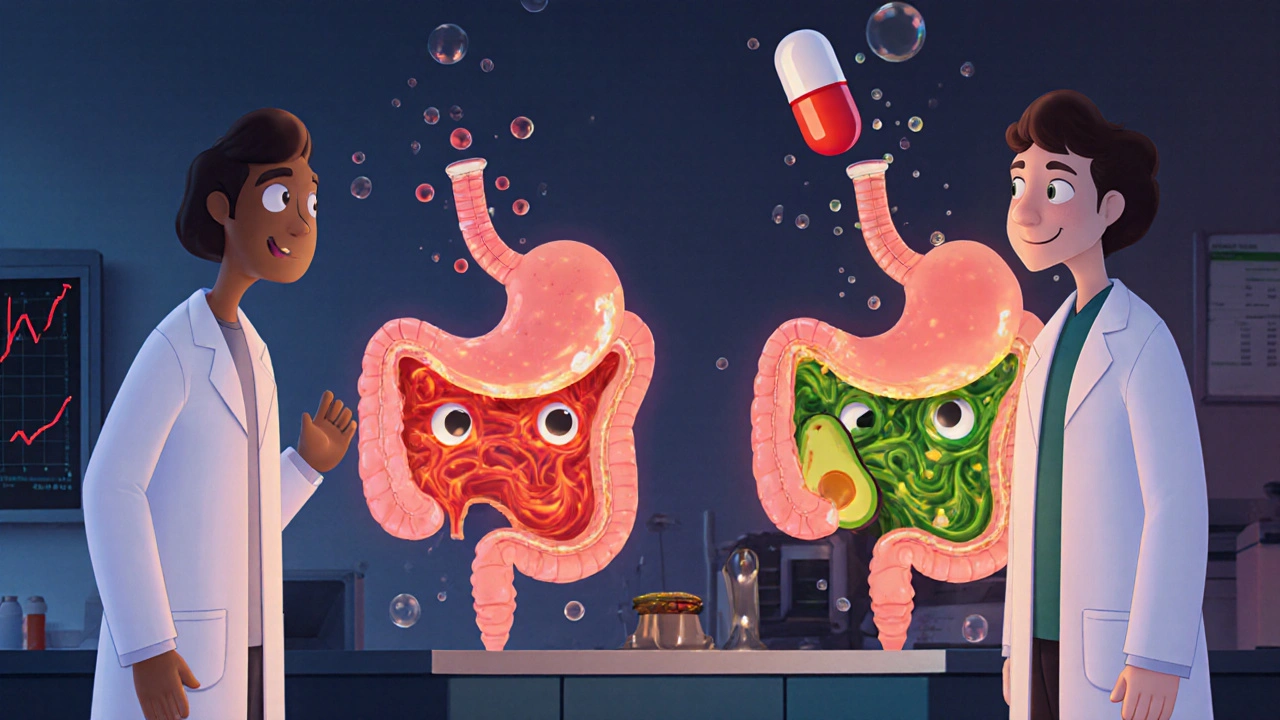 Two cartoon stomachs showing different drug absorption with a full meal vs. empty stomach, in Disney animation style.
