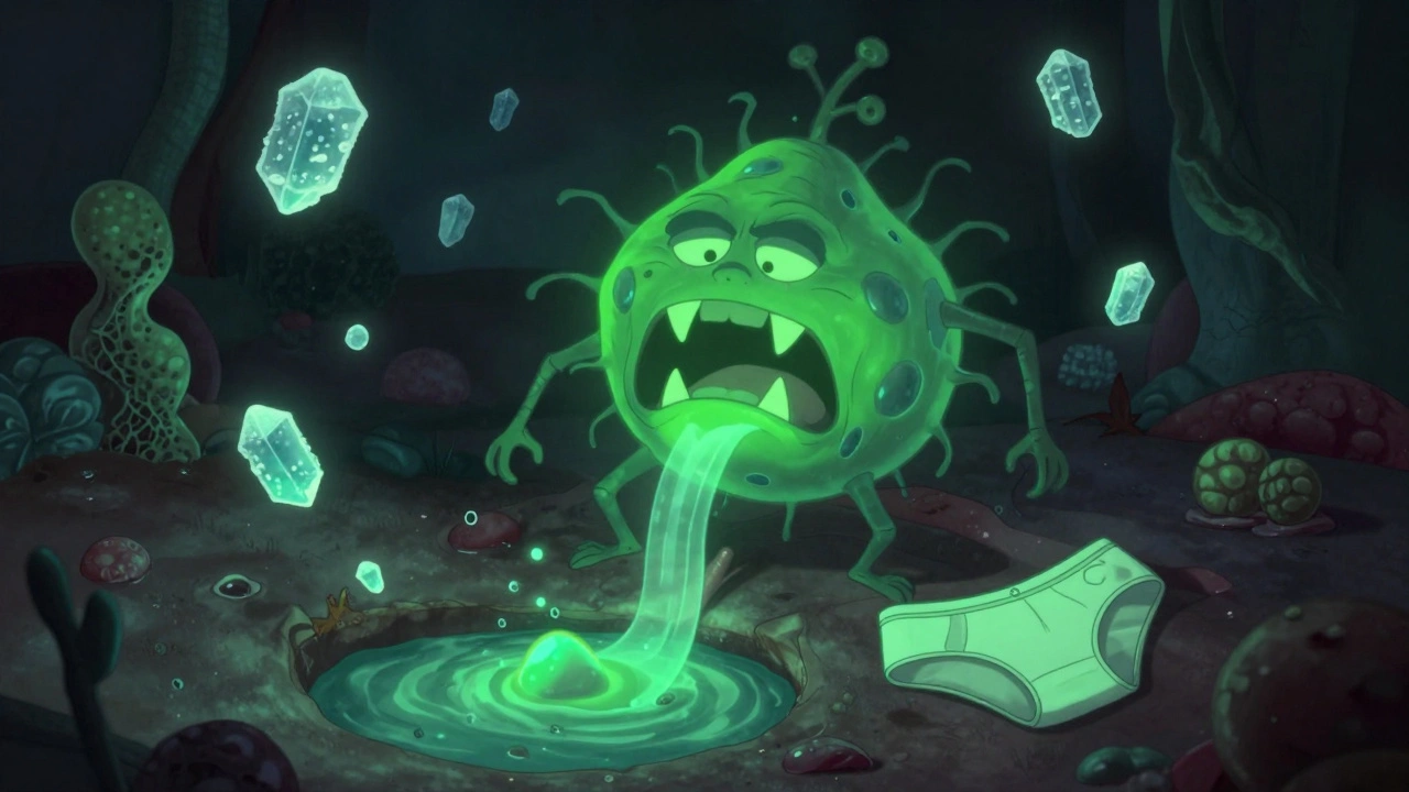 A cartoonish bacteria villain creeping through sugar crystals near genital area, glowing with menace.