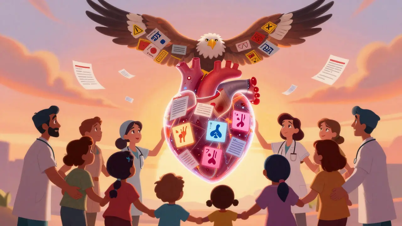A circle of people holding hands around a heart made of report forms, with an eagle of safety alerts flying above.
