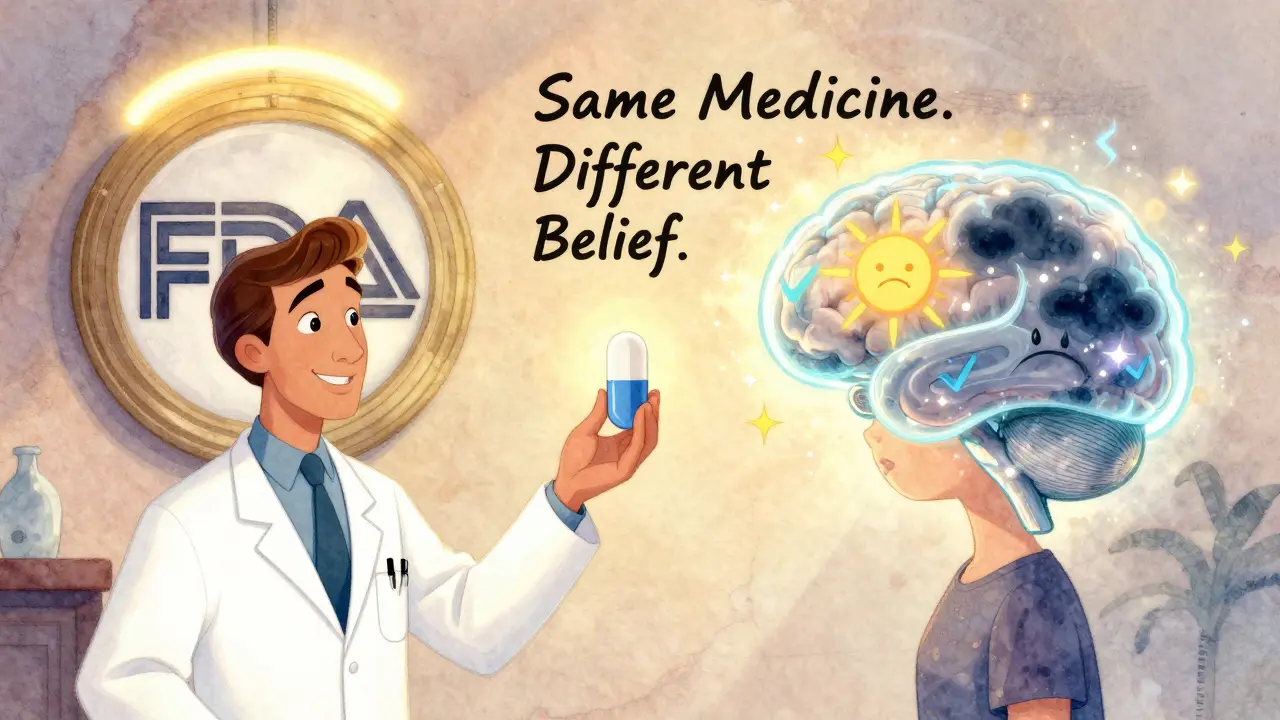 A doctor and patient with a transparent brain showing trust vs. doubt, surrounded by symbols of equivalence and FDA approval.