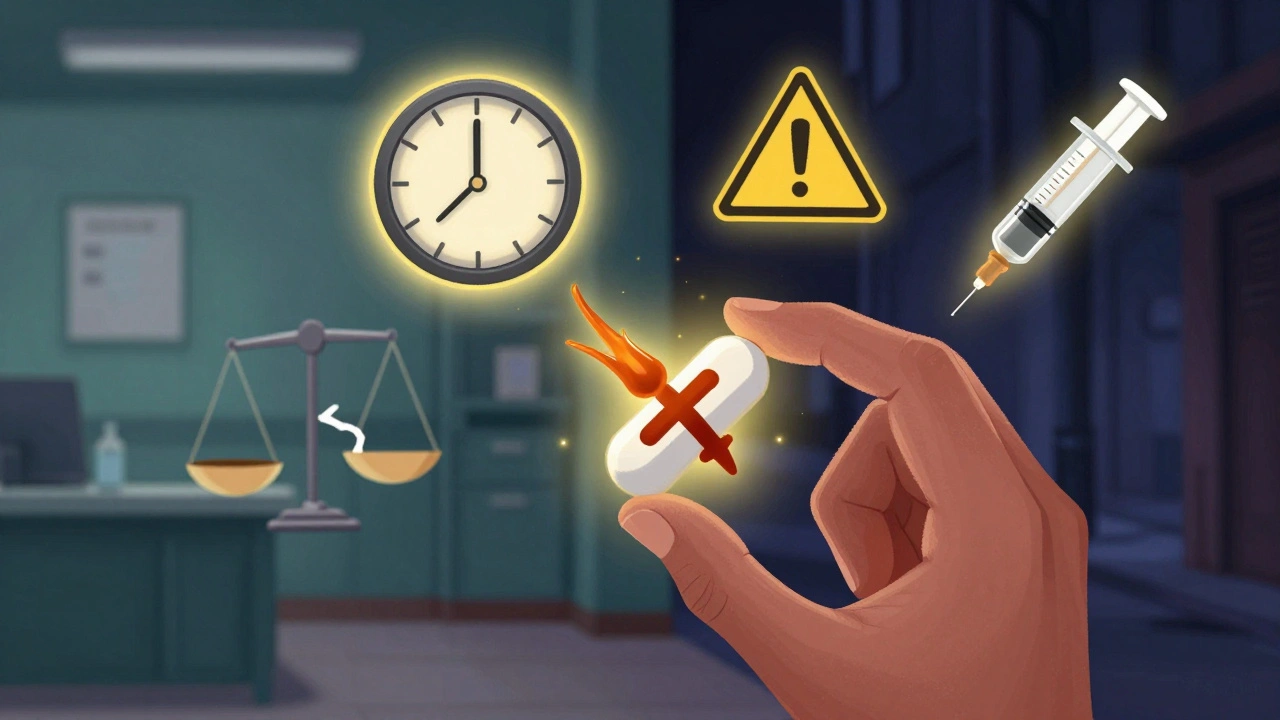 A fake pain pill transforming into fentanyl, with warning symbols and a glowing naloxone syringe in a Disney-style scene.