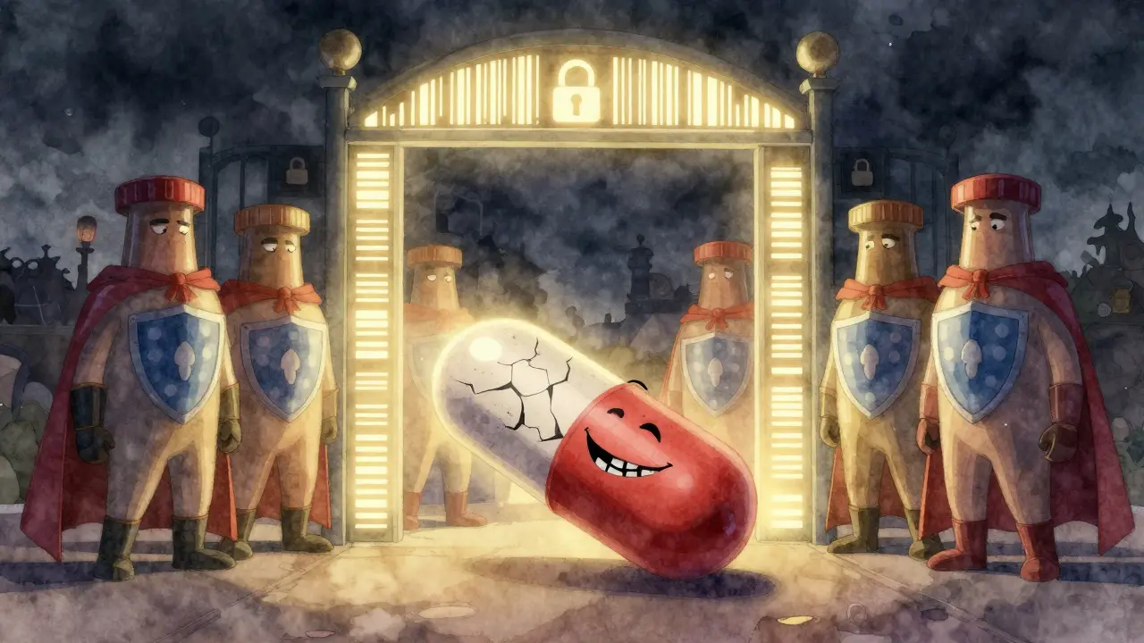 A fake pill is blocked by a glowing digital gate while heroic medicine bottles stand guard.