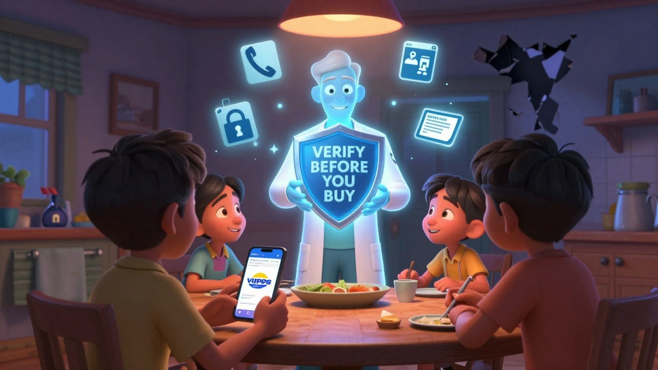 A family at a table with a fake pharmacy site, protected by a glowing pharmacist figure holding a safety shield.