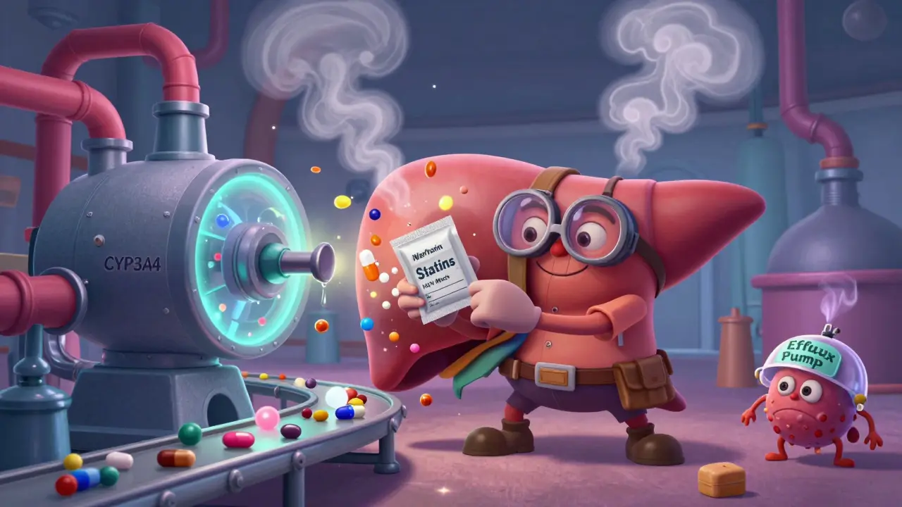 A friendly liver factory worker activating enzyme machines that break down drug molecules.