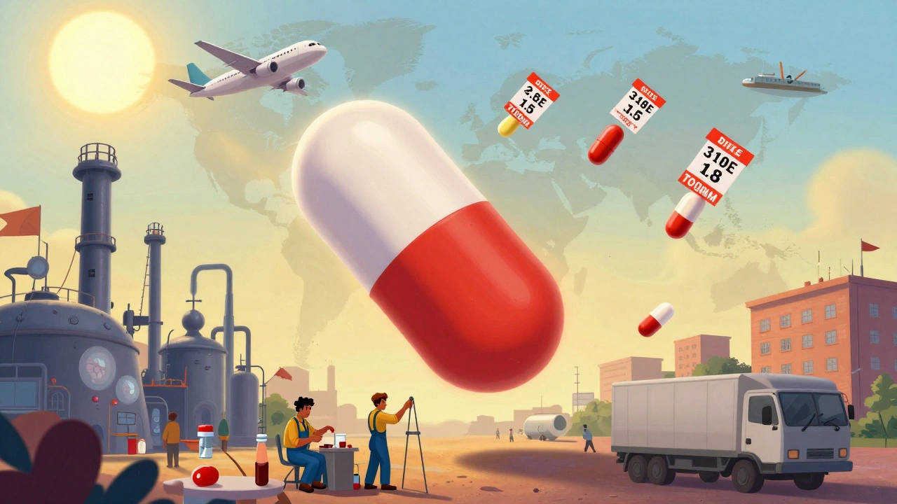A giant generic pill being made in India and shipped globally to different countries in whimsical Disney illustration.