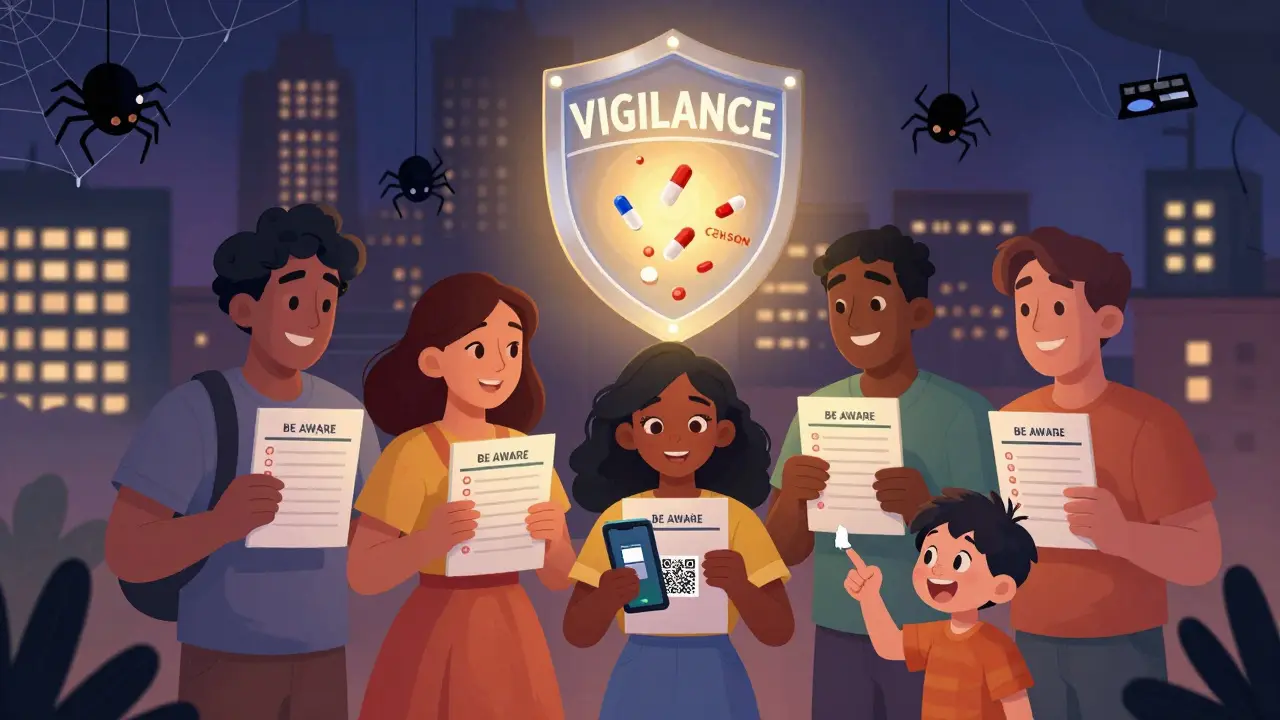 A group of people checking medicine safety using the BE AWARE checklist, protected by a glowing shield from counterfeit pills.