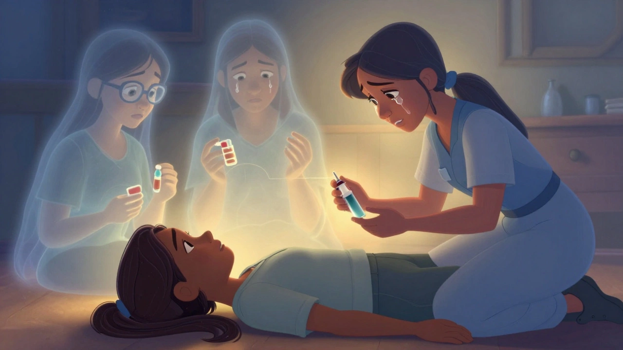 A loved one giving naloxone to someone overdosing, with ghostly past selves fading away, in warm golden light.