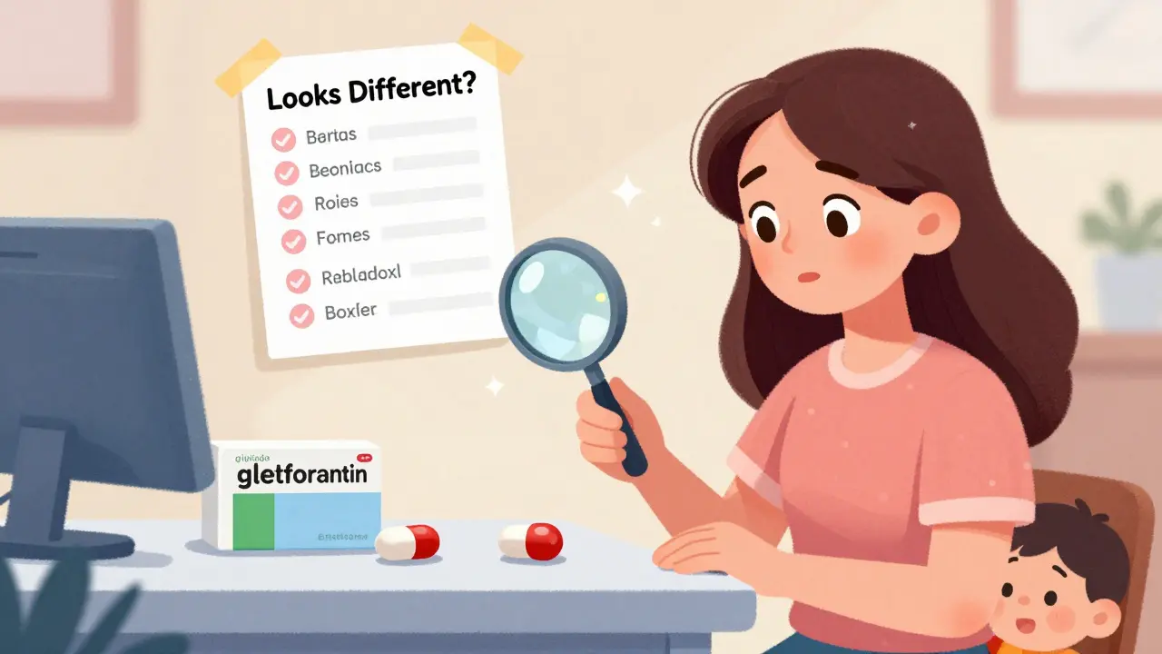 A mother learns to take her child's medicine, noticing two similar-looking pills with a pharmacist's help.