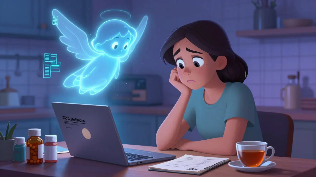 A patient filling out a MedWatch form at home with a glowing data angel behind them, surrounded by pill bottles.