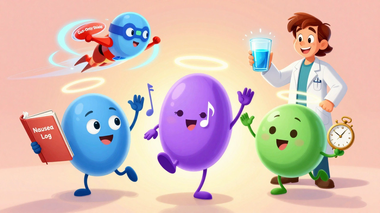 A patient logging nausea symptoms as three animated anti-nausea pills dance around them, with a doctor offering help.