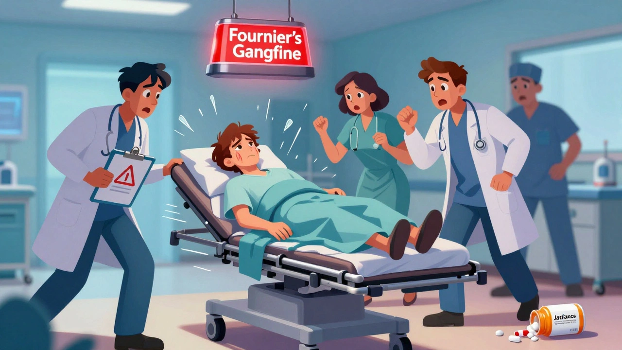 A patient rushed to emergency room with glowing warning sign overhead, doctors reacting urgently.