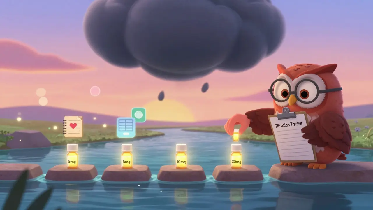 A patient stepping across glowing dose increments over a calm river, with an owl holding a titration tracker clipboard.