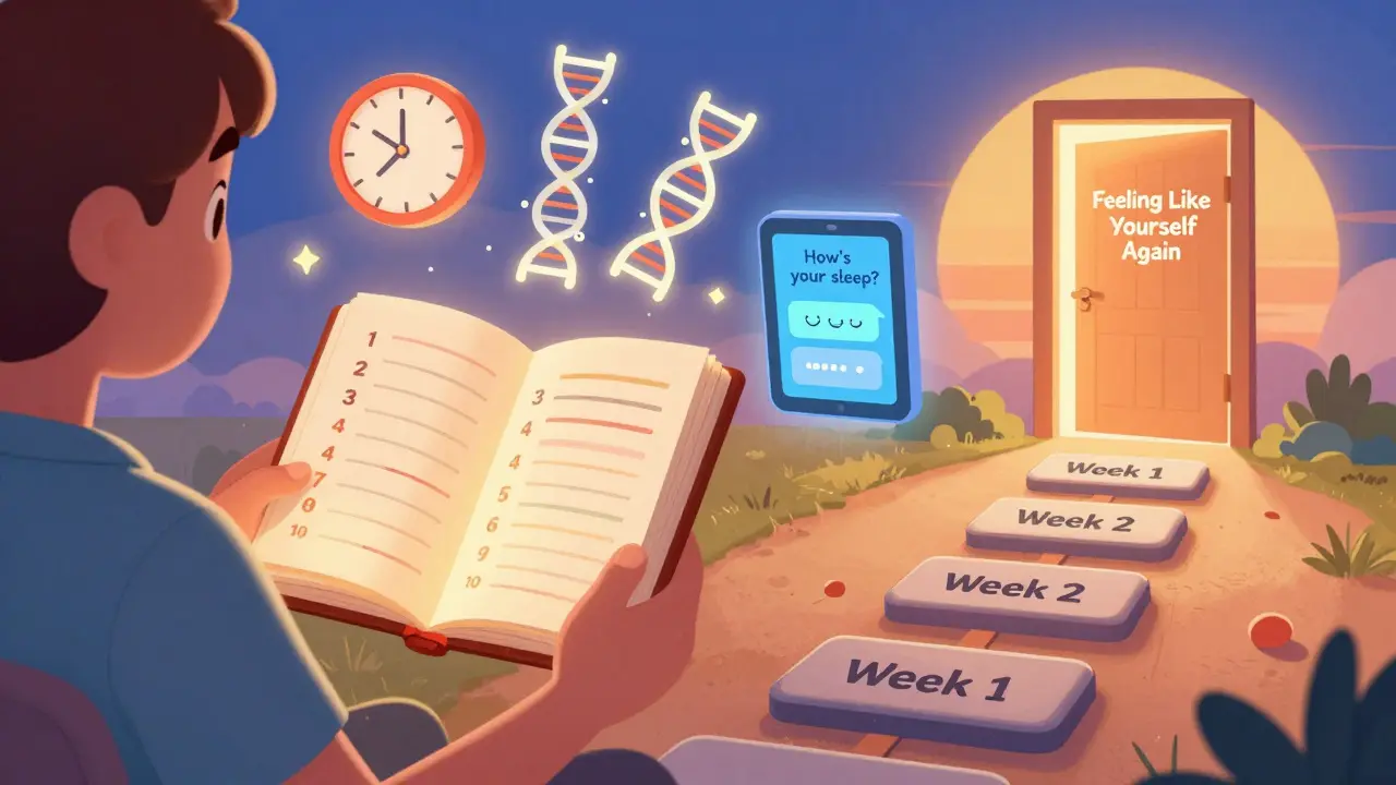 A patient with a journal and AI tools guiding them through weekly dosage steps toward wellness.