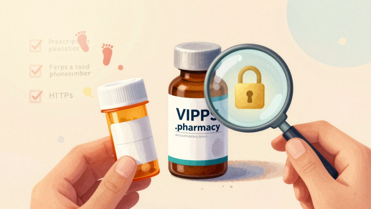 A person comparing a fake pill bottle to a legitimate one, with security symbols glowing beside the real one.