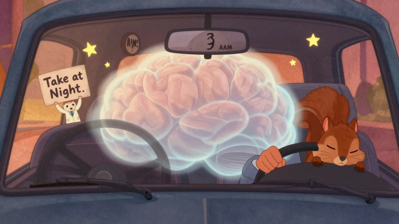 A person struggling to drive while weighed down by a foggy, droopy brain-cloud representing opioid-induced drowsiness.