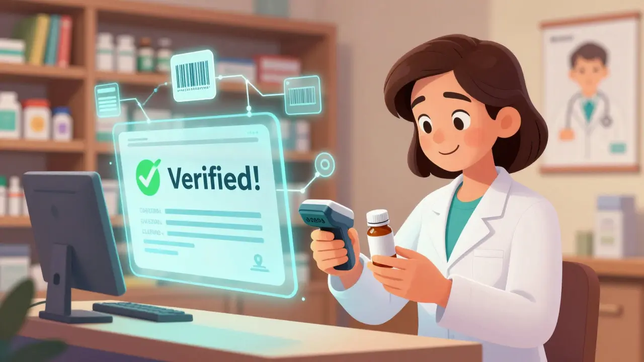 A pharmacist scans a medicine bottle as a hologram shows 'Verified!' in a cozy pharmacy.