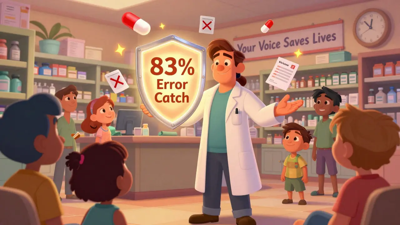 A pharmacist stands protectively in a pharmacy as glowing error icons float away, with a '83% Error Catch' shield behind.