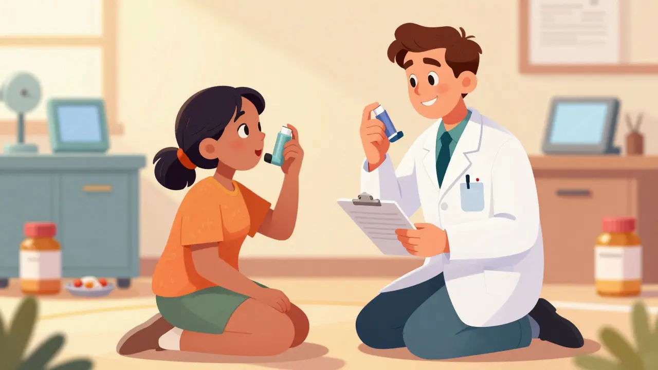 A pharmacist teaches a patient how to use an inhaler correctly using the teach-back method.