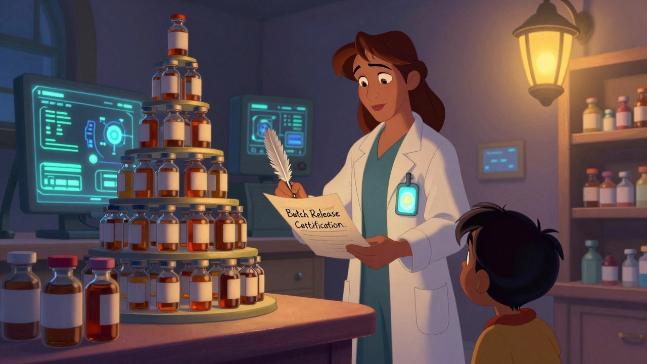 A Qualified Person signs off on biologic vials as a child reaches for medicine, bathed in protective golden light.