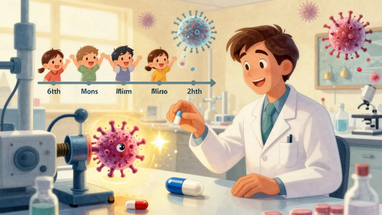 A scientist placing omeprazole next to rifampin, shutting down a bacterial efflux pump with a spark.