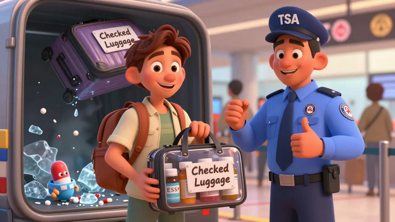 A traveler passing airport security with medication bottles, while checked luggage shows damaged pills.