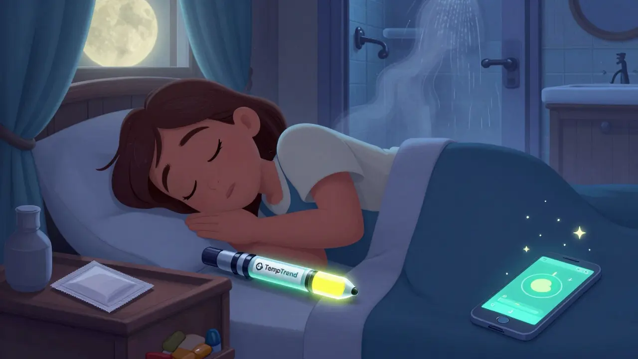 A traveler’s meds safely stored in a drawer with silica gel, while a temperature label warns of bathroom steam.