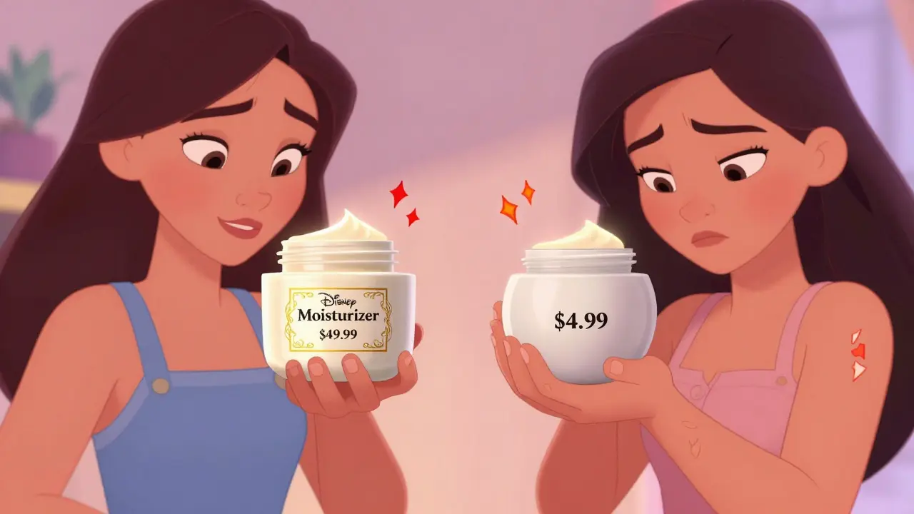 A woman applying two identical creams labeled with different prices, reacting differently as glowing pain signals rise from her arm.